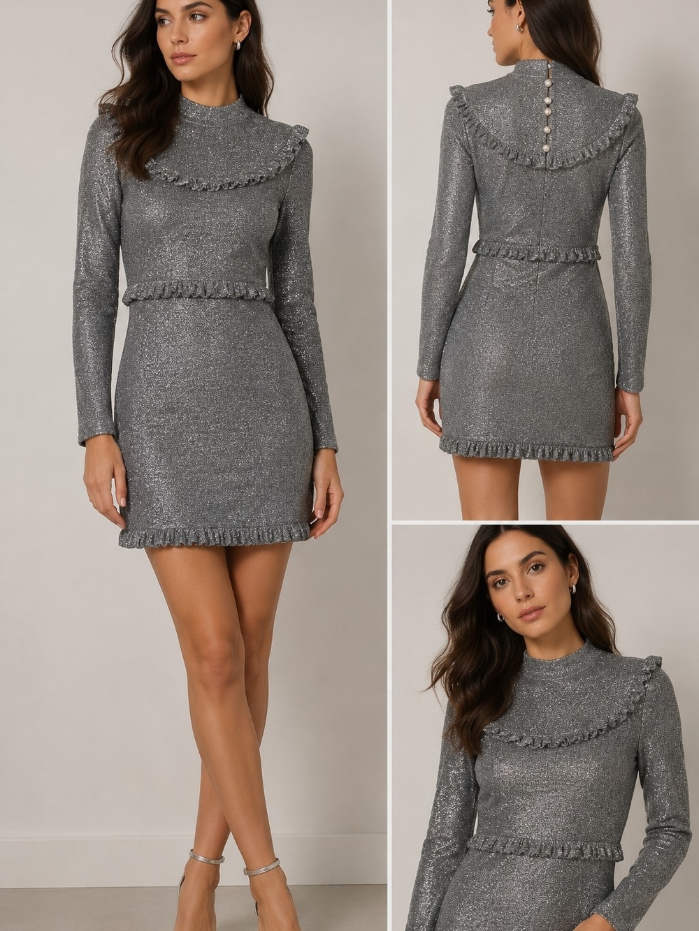 Maje Silver Metallic Shimmer Knit Mini Dress Ruffle Trim Pearl Detail Size 2